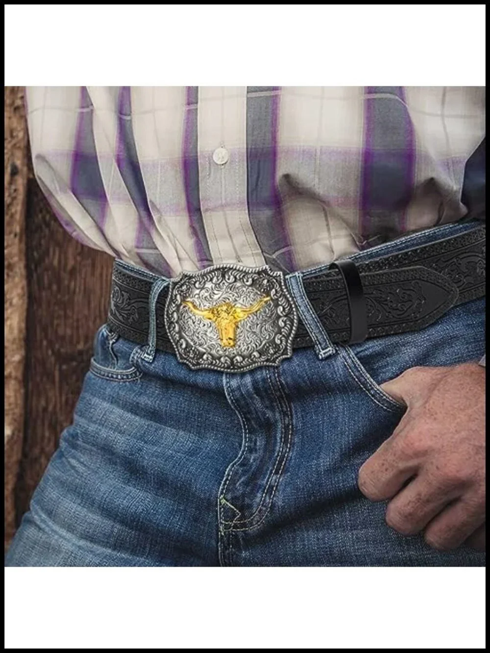 Genuine Leather Western Cowboy Belt Vintage Floral Engraved Bull Buckle Men